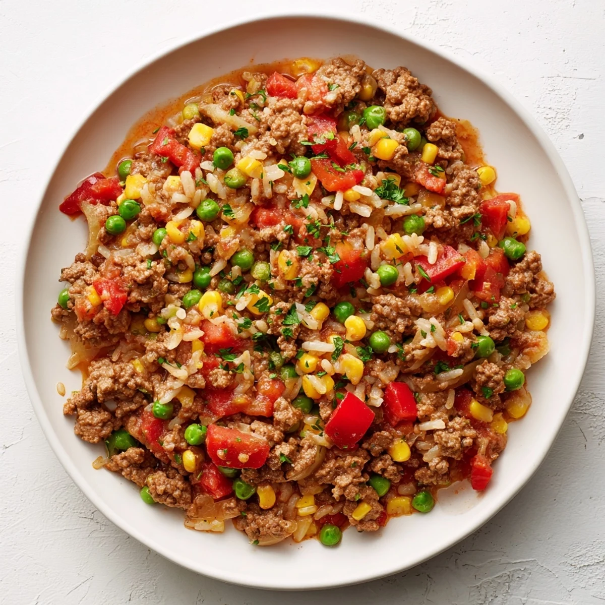 A close-up of a sizzling Ground Beef Skillet with Veggies & Rice with various beautiful, healthy ingredients.