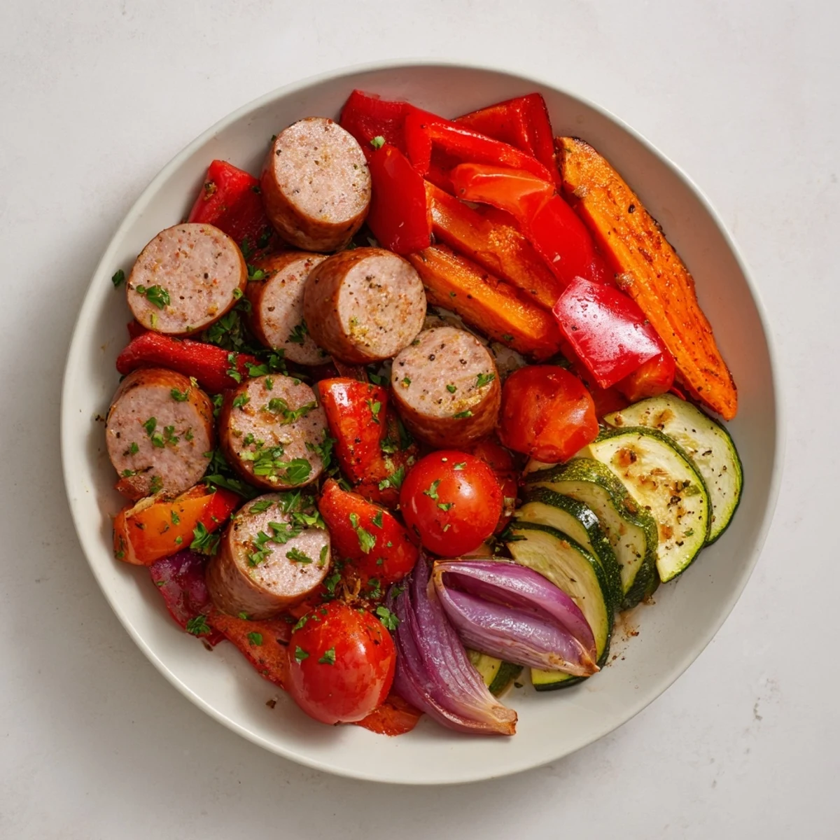 Vibrant sheet-pan roasted veggies & sausage alongside perfectly roasted colorful bell peppers and zucchini.