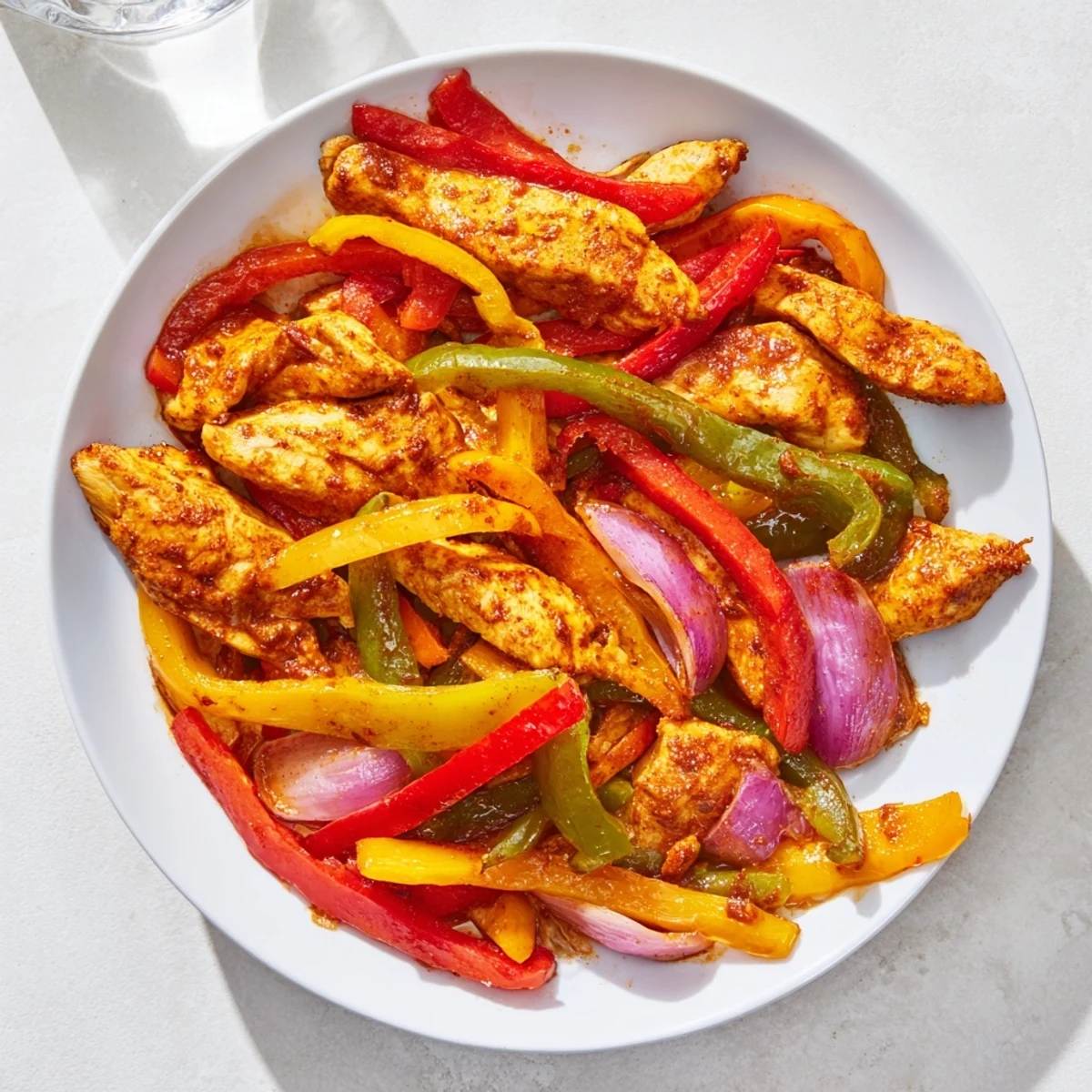 Sheet-pan chicken fajitas with sizzling chicken and colorful peppers, ready to serve with tortillas.