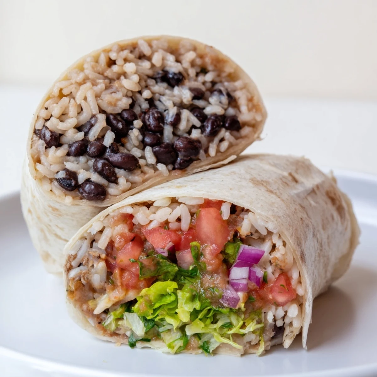 Enjoy a quick and easy lunch: flavorful Rice & Bean Burritos bursting with colorful veggies.