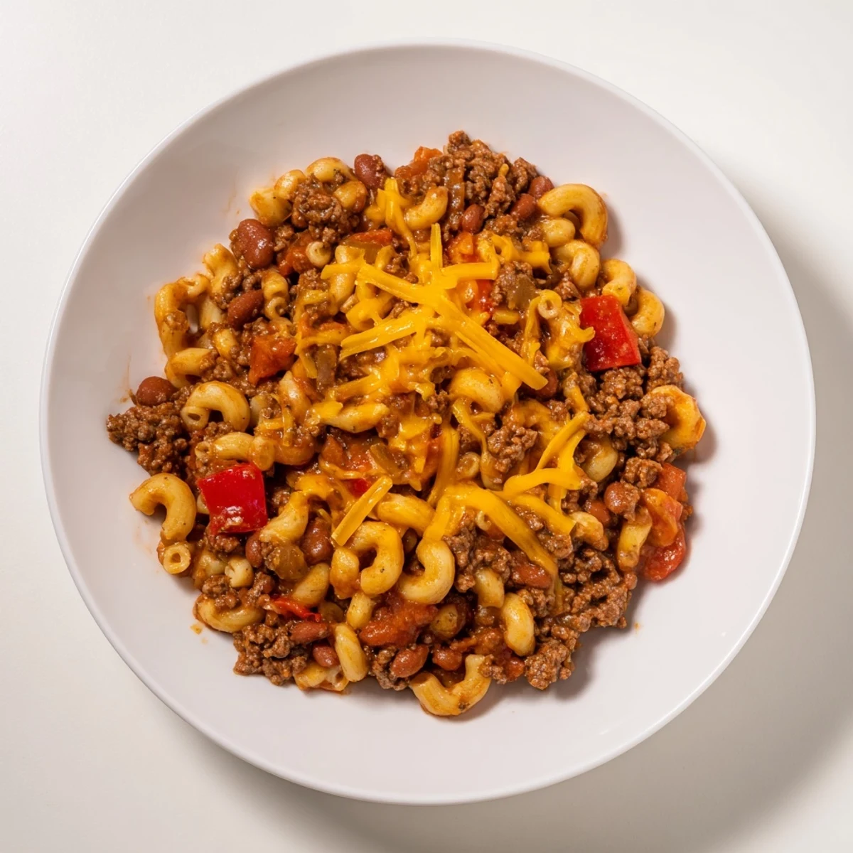 Mouthwatering close-up of cheesy Cheeseburger Chili Mac Skillet, a budget-friendly comfort food delight ready to serve.