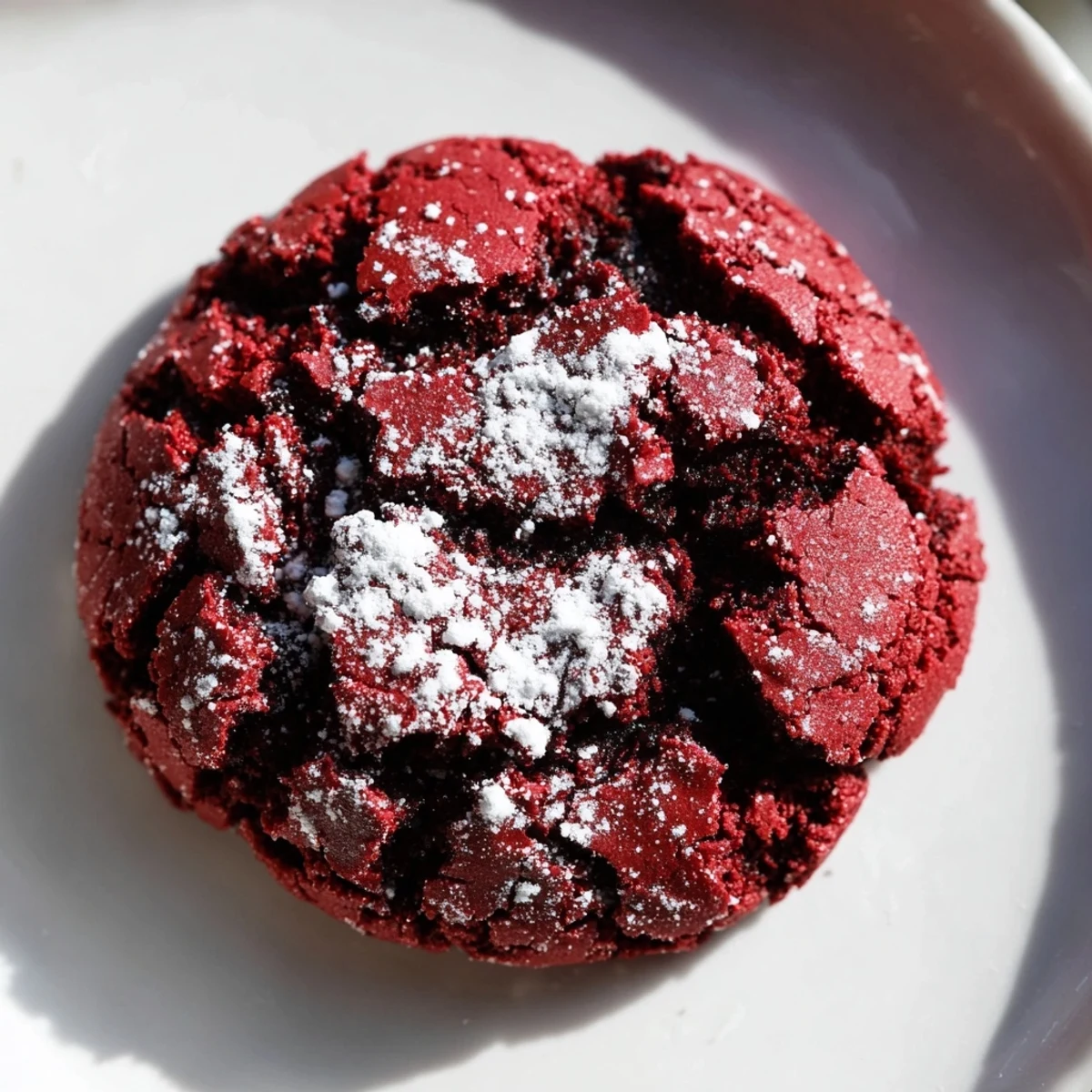Stacked plate of homemade red velvet chocolate crinkle cookies, a classic dessert with a delightful texture.