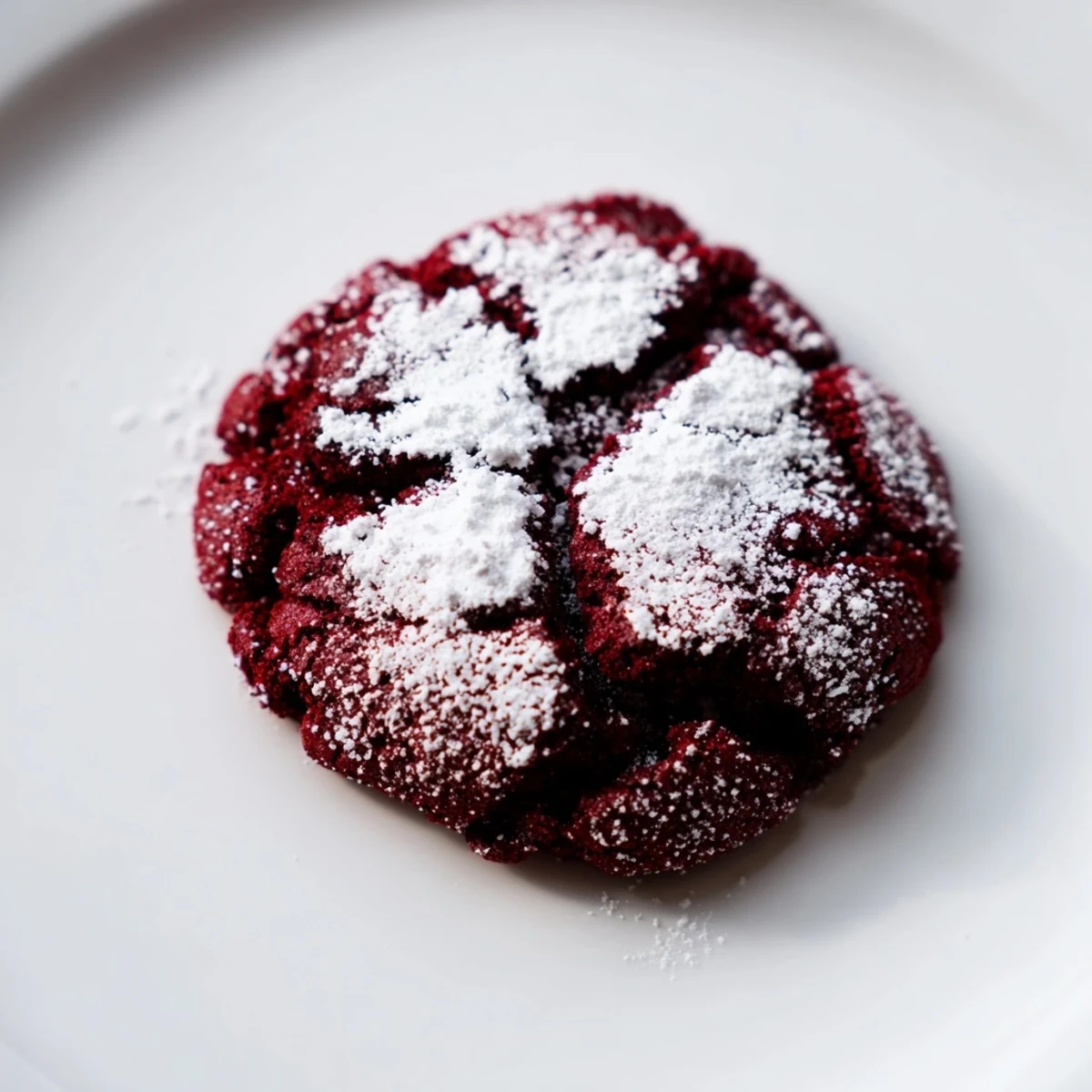 Close-up of vibrant red velvet chocolate crinkle cookies, coated in powdered sugar, ready to eat.