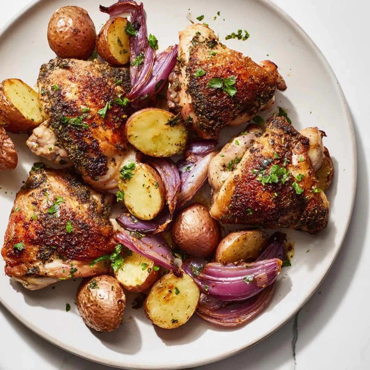 Golden, crispy Sheet Pan Zaatar Chicken with roasted potatoes, ready to serve with fresh parsley and lemon wedges.