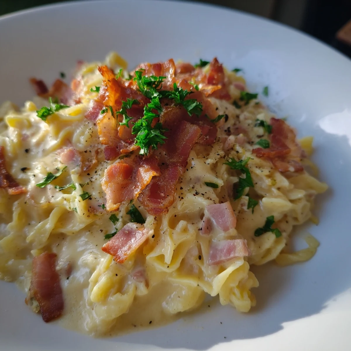 Instant Pot Carbonara Ramen Hack: Creamy noodles blanketed in a rich egg and Parmesan sauce, ready to eat.