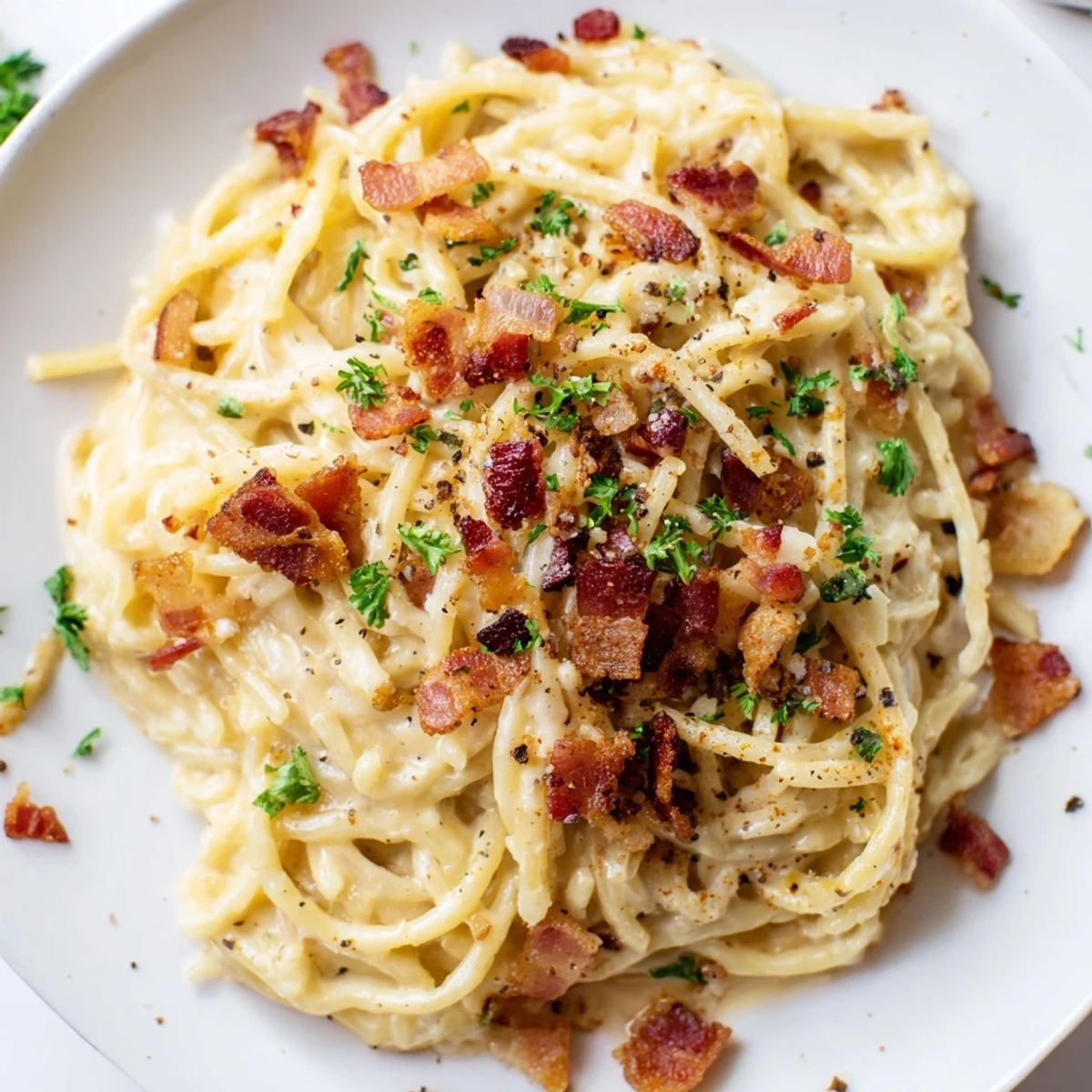 Golden-hued Instant Pot Carbonara Ramen Hack, a comforting Italian-Japanese fusion with crispy bacon topping.