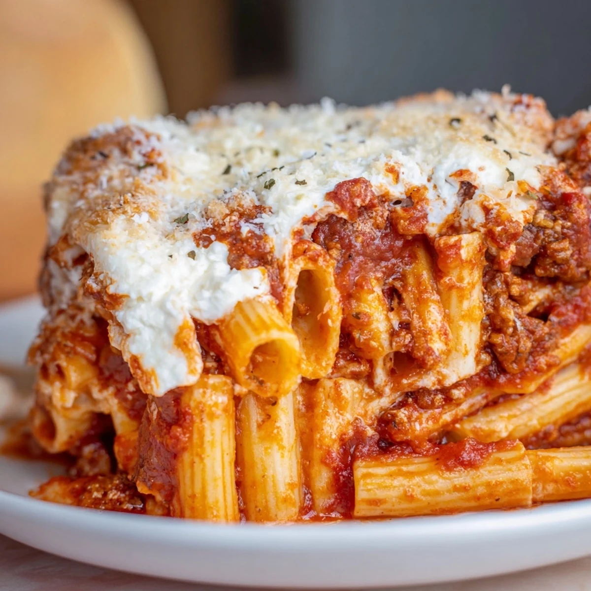 Steaming, cheesy slow cooker baked ziti with bubbly mozzarella, ready for a satisfying dinner.