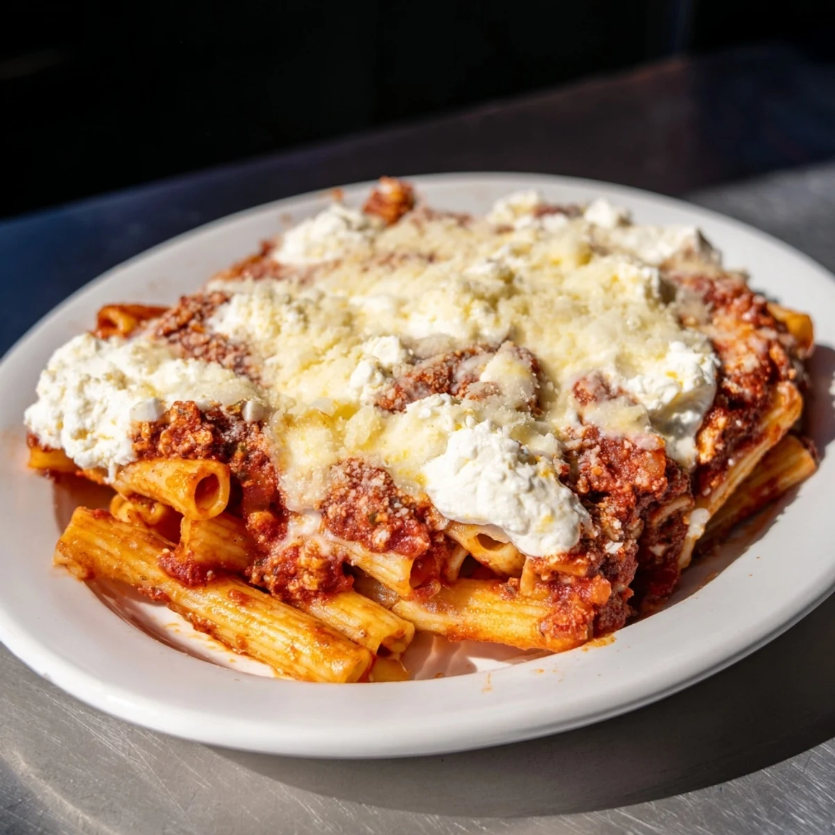 A close-up of slow cooker baked ziti, showing layers of pasta, sauce, and melted cheese, perfect for a family meal.