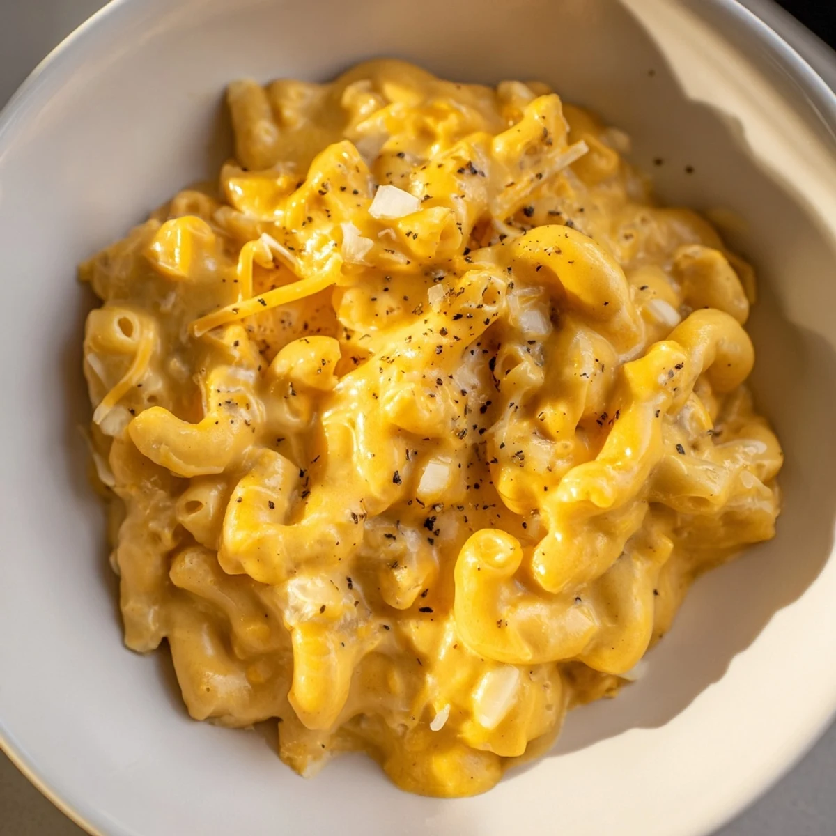 A bowl of creamy One-Pot Butternut Squash Mac & Cheese, cheesy and golden brown!