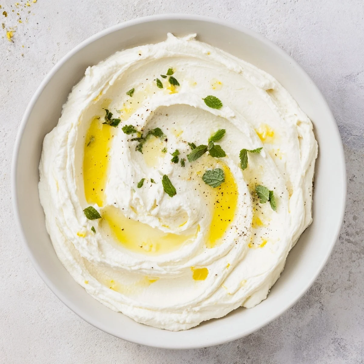 Creamy whipped feta dip with lemon-mint drizzle, perfect for dipping fresh vegetables or pita.