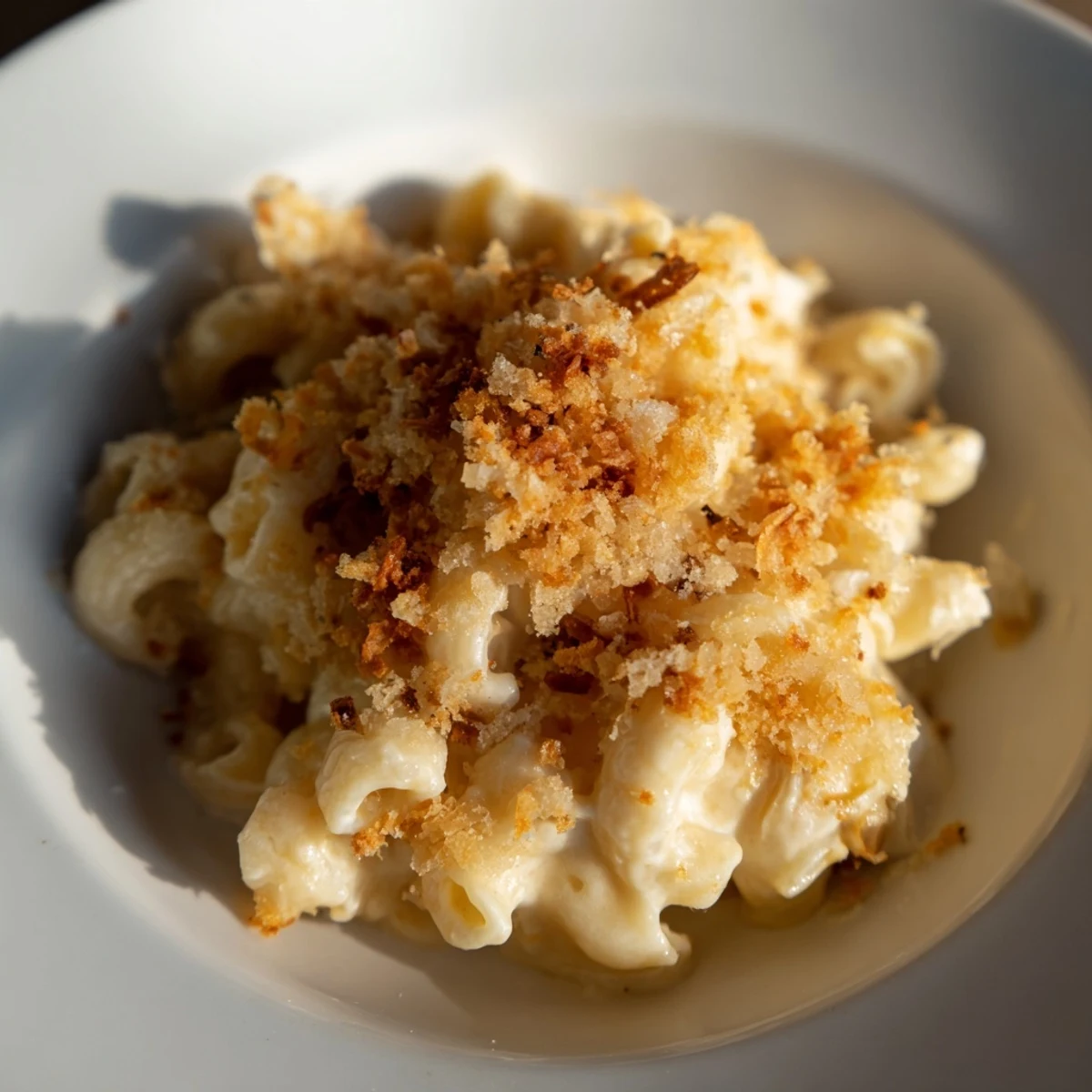 Golden, bubbly Old-Fashioned Baked Mac & Cheese with a crispy breadcrumb topping ready to serve.