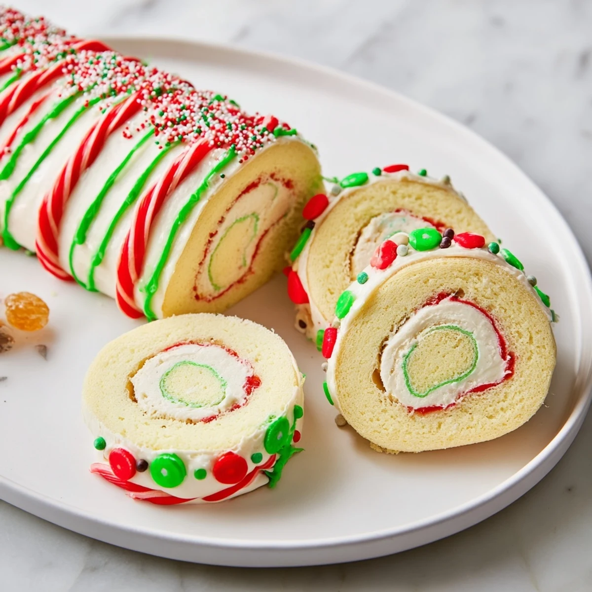 Festive Ugly Sweater Cake Roll slices with colorful frosting, sprinkles, and candies, ready to serve.