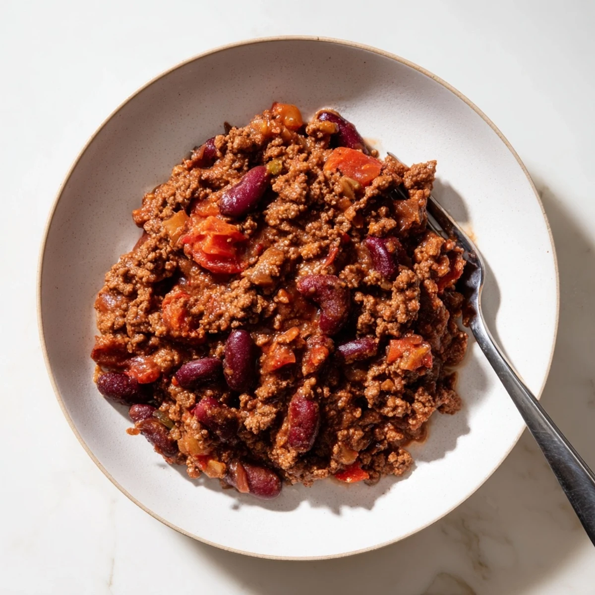 A vibrant bowl of The Secret 4-Ingredient Slow Cooker Chili Dump, ready to eat with toppings.