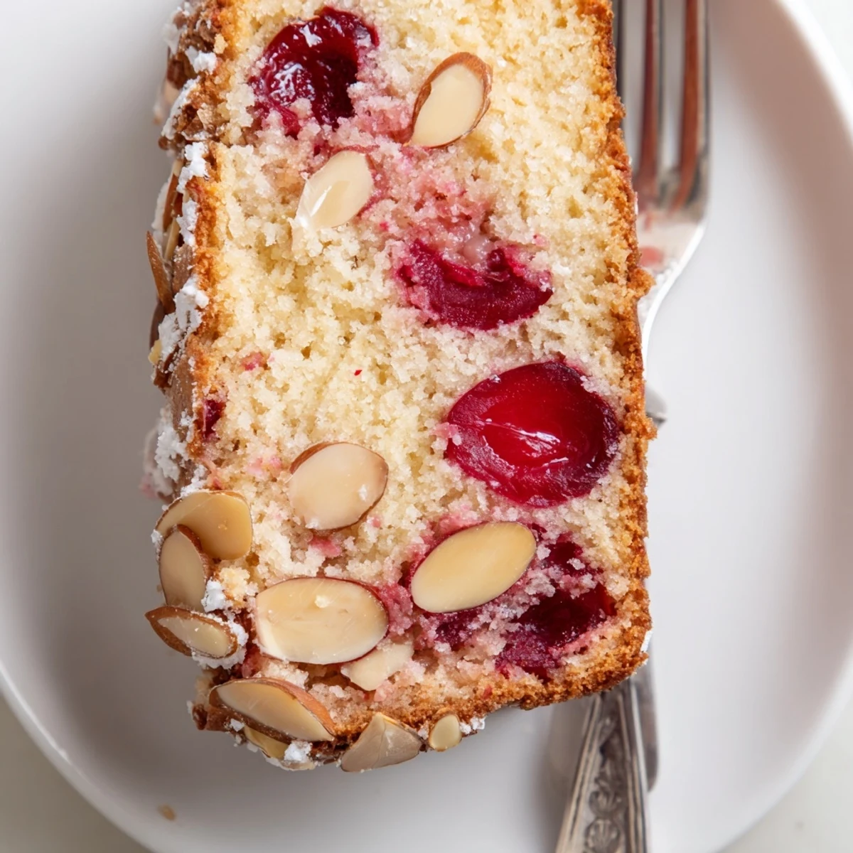 Golden-brown Cherry Almond Loaf Cake, sliced and ready to serve, offers a sweet treat.