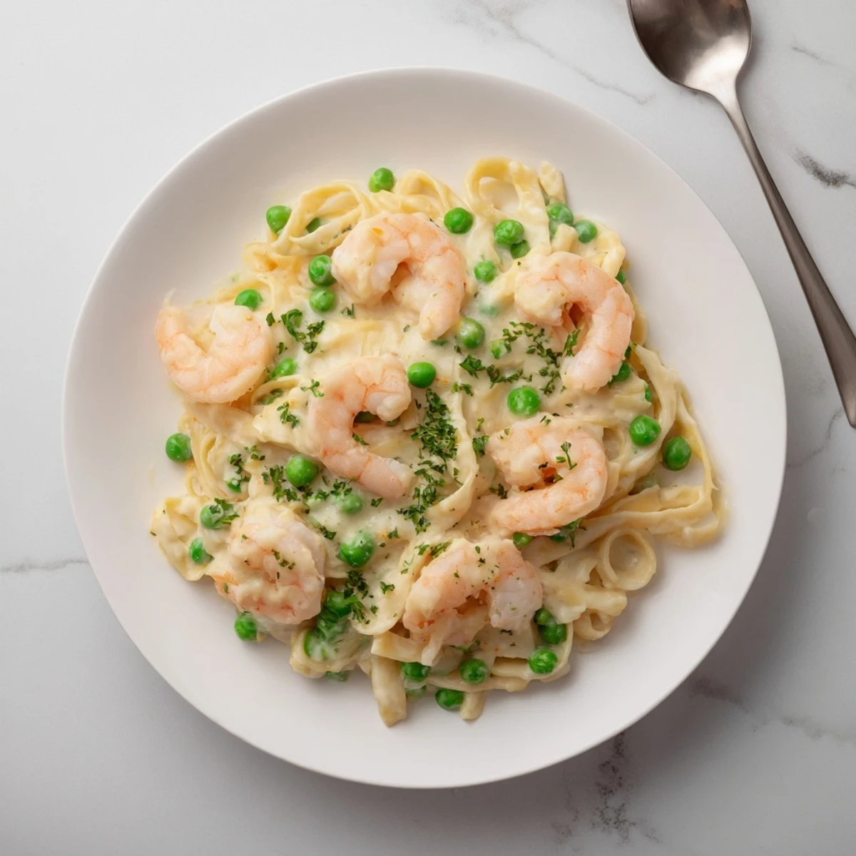 Steaming Instant Pot Shrimp Alfredo Pasta, glistening with creamy sauce, ready to serve.