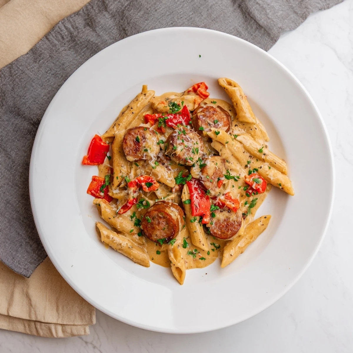 Sizzling skillet showcasing flavorful Smoked Sausage Cajun Alfredo, a spicy, satisfying pasta dish.