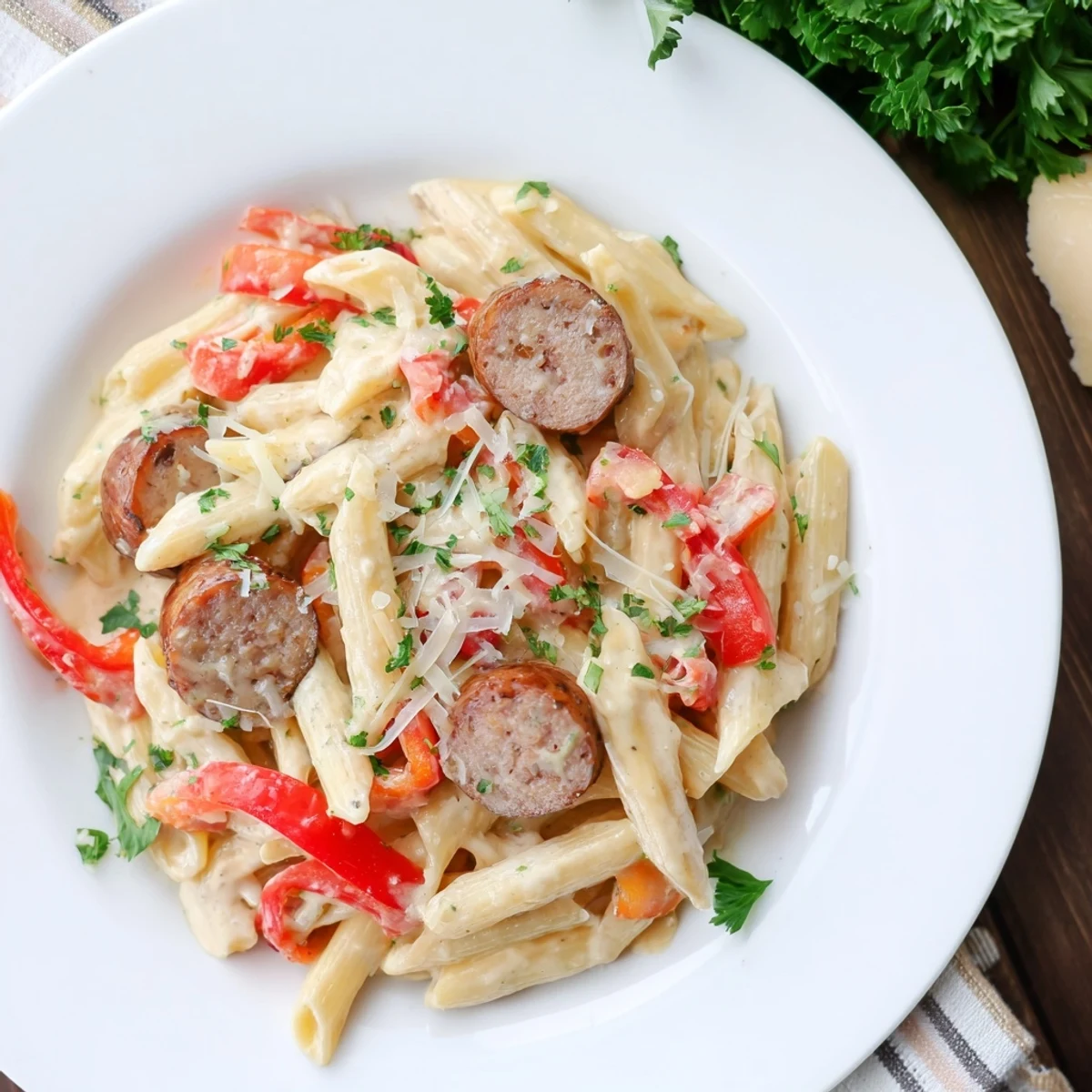 Golden penne pasta coated in rich, creamy Smoked Sausage Cajun Alfredo with browned sausage.