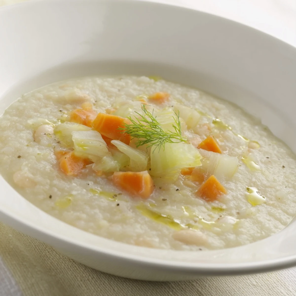 Steaming bowl of Simple White Bean and Fennel Soup, garnished with fennel fronds, ready to enjoy.