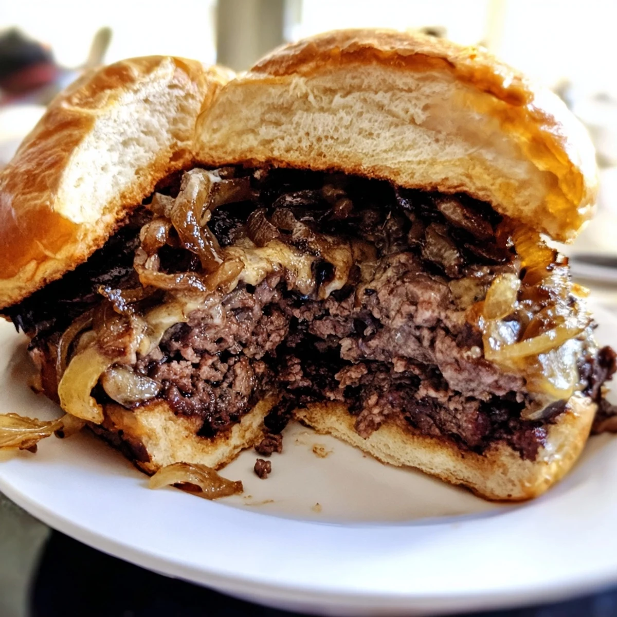 A close-up of a sizzling patty melt skillet showcasing perfectly melted cheese and crusty rye bread.
