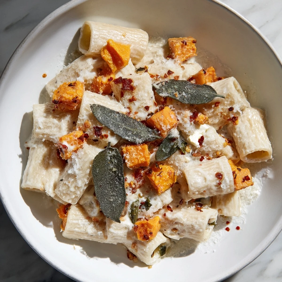 Golden roasted sweet potatoes with goat cheese and sage pasta, a delicious vegetarian meal.