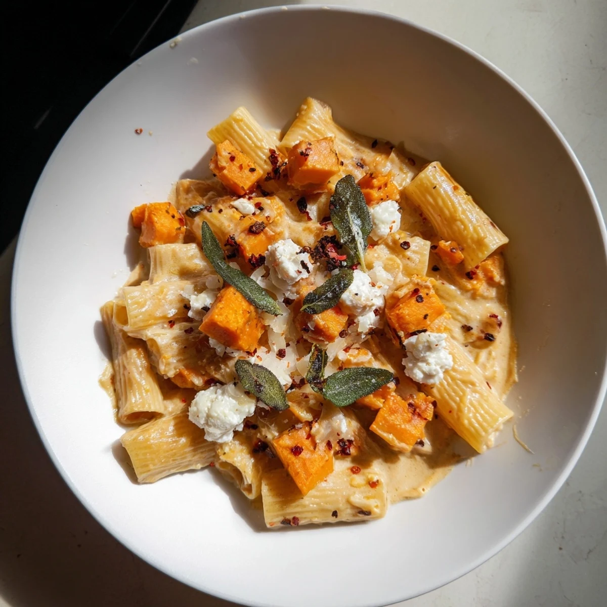 This comforting dish of Viral Sweet Potato Goat Cheese Sage pasta showcases perfectly roasted sweet potatoes.