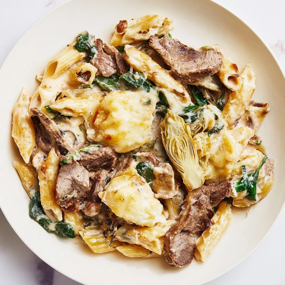 A close-up of the Steak & Spinach Artichoke Pasta Bake; cheese bubbling and golden brown on top.