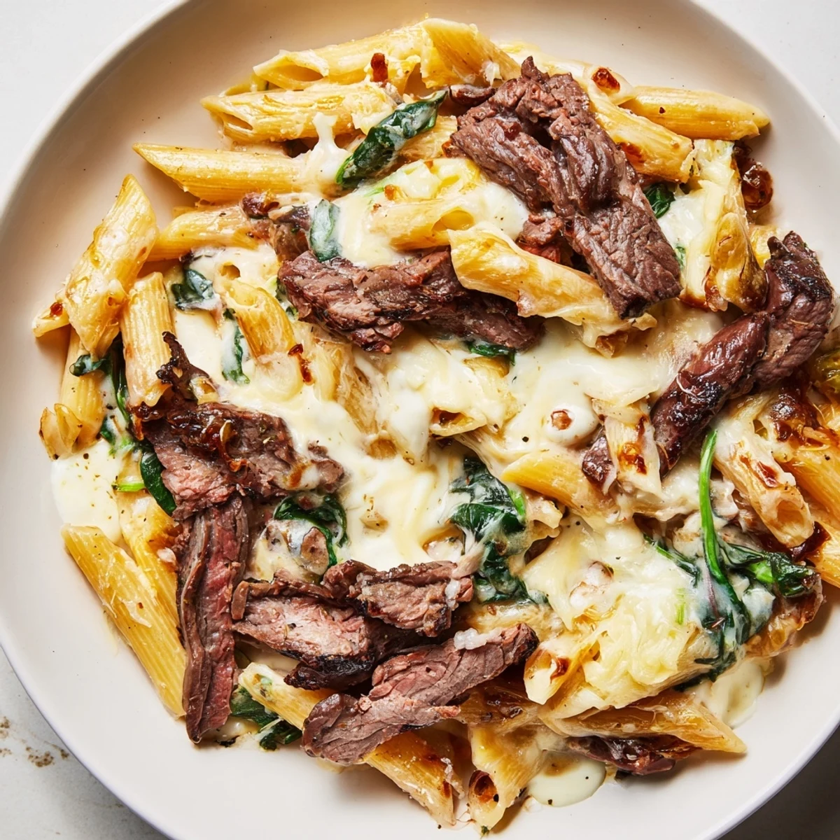 Steaming hot Steak & Spinach Artichoke Pasta Bake, loaded with tender steak and creamy sauce, ready to serve.