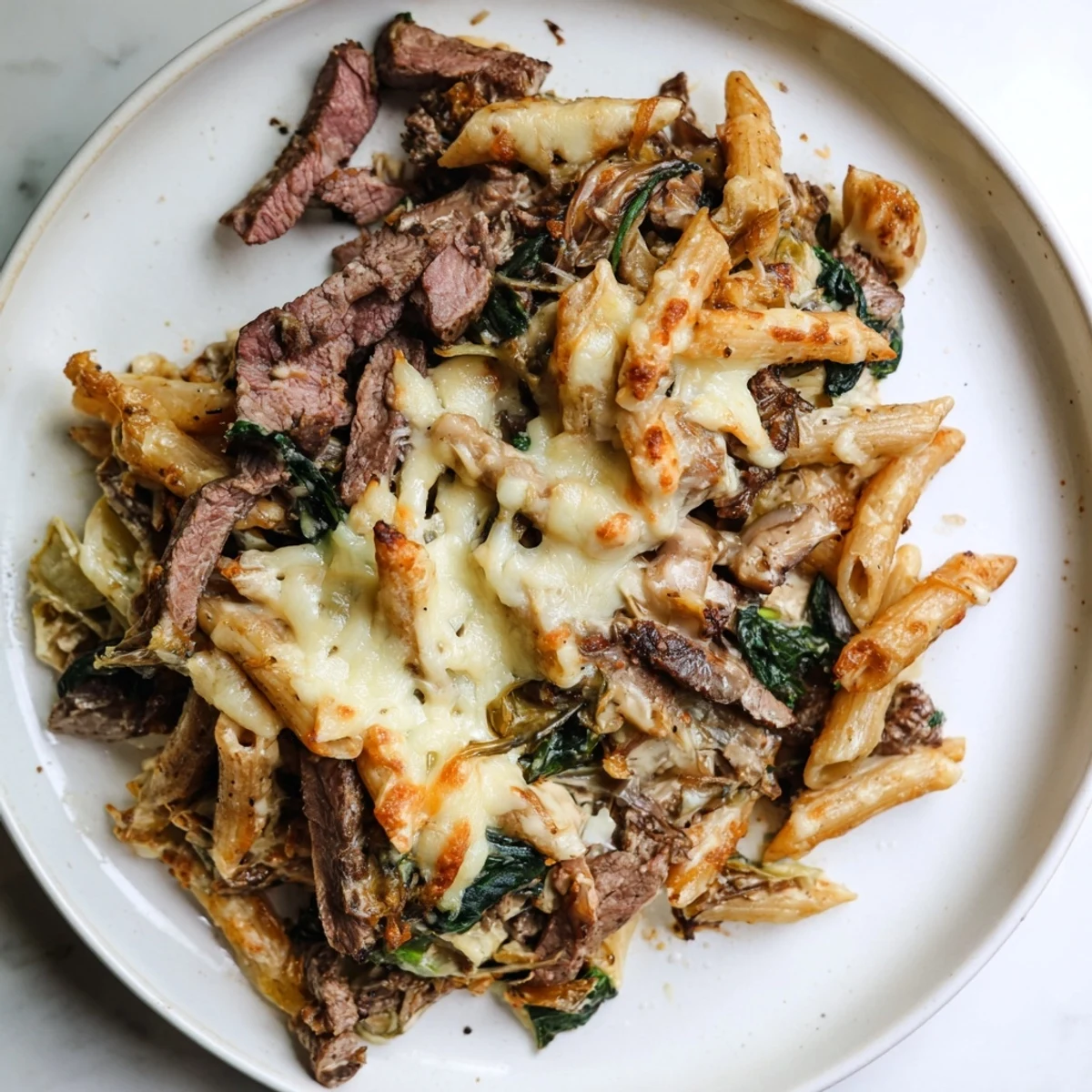 Melting mozzarella covers the Steak & Spinach Artichoke Pasta Bake, promising a rich, comforting, flavorful meal.