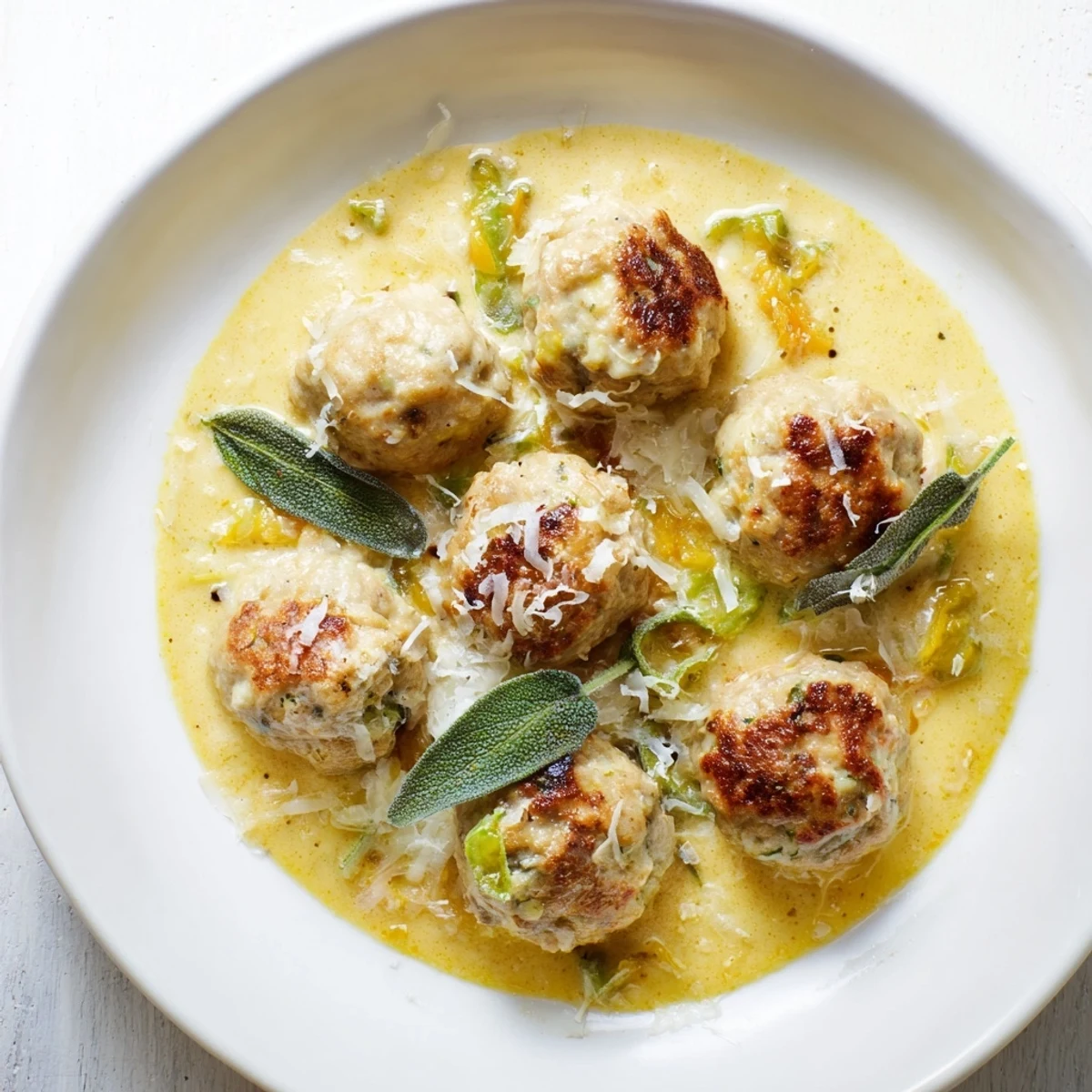 Rich, creamy pumpkin sage sauce coats delicious easy turkey meatballs, a comforting dinner idea.