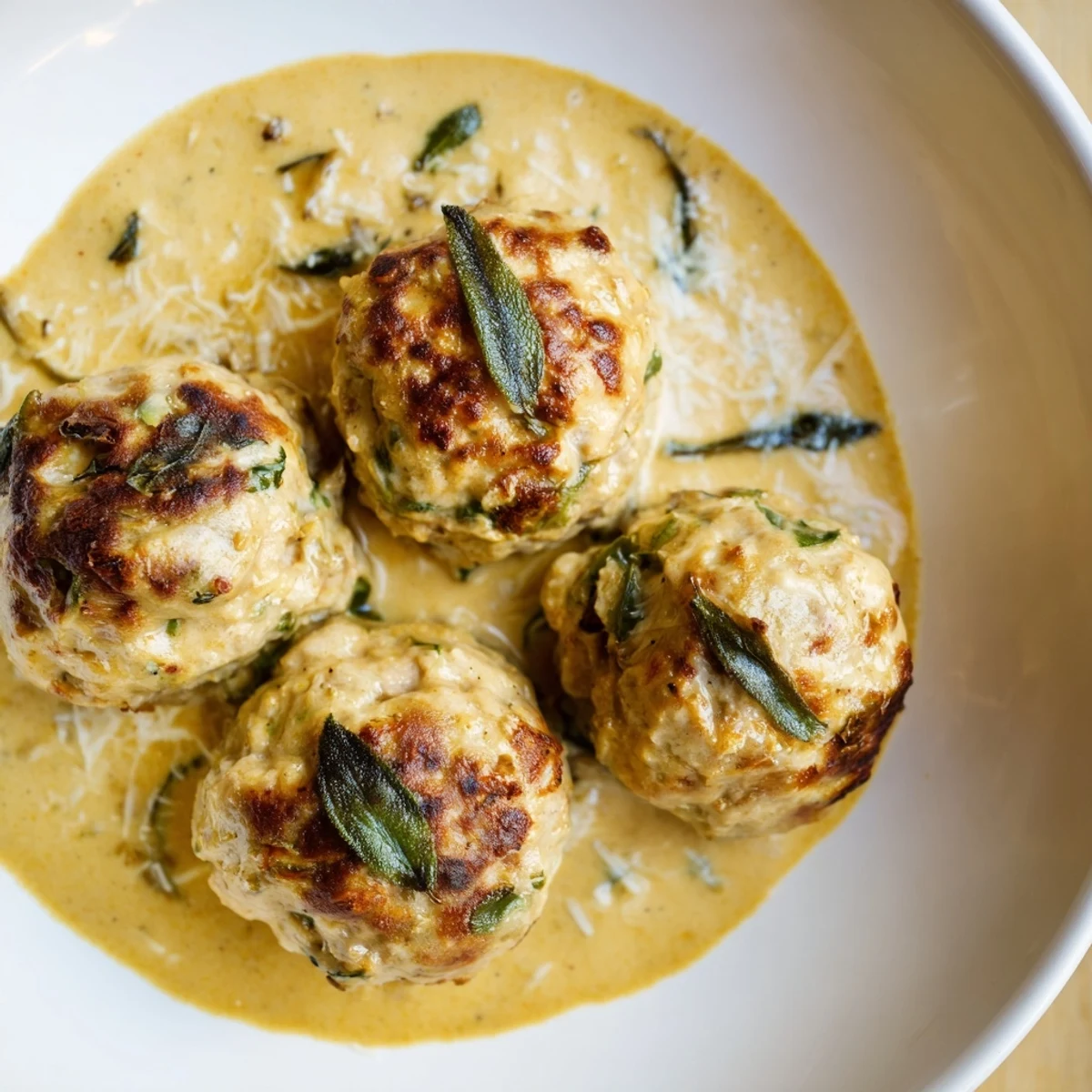 A savory image of freshly baked Easy Turkey Meatballs in Pumpkin Sage Sauce, simmering gently in the skillet.