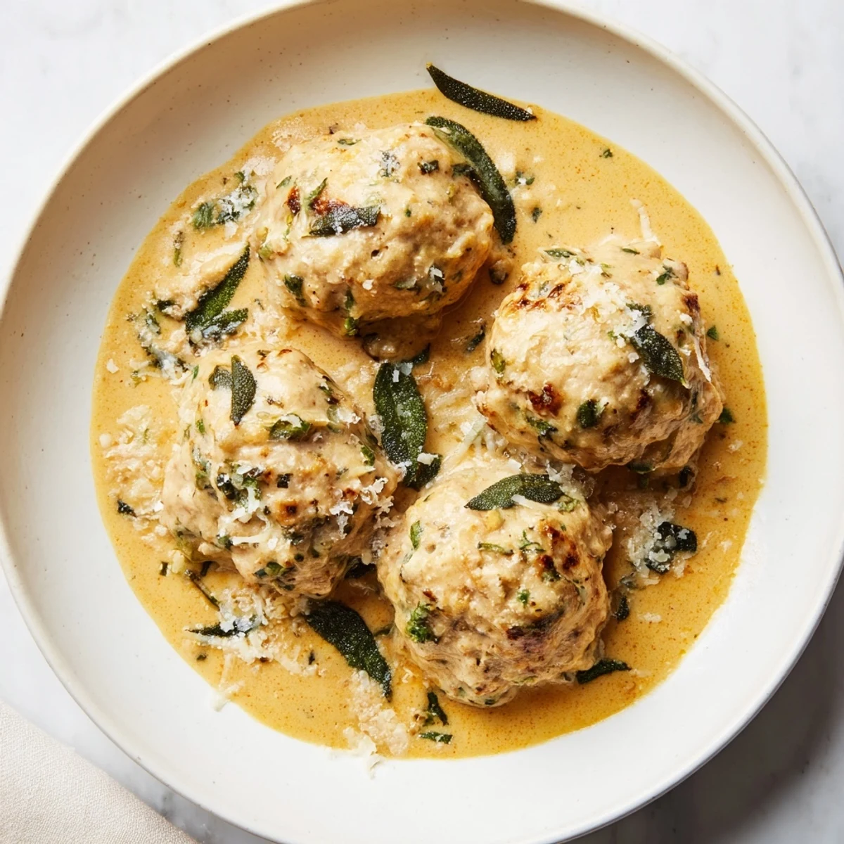 Warm, appetizing Easy Turkey Meatballs in Pumpkin Sage Sauce served with a sprinkle of fresh sage and Parmesan cheese.