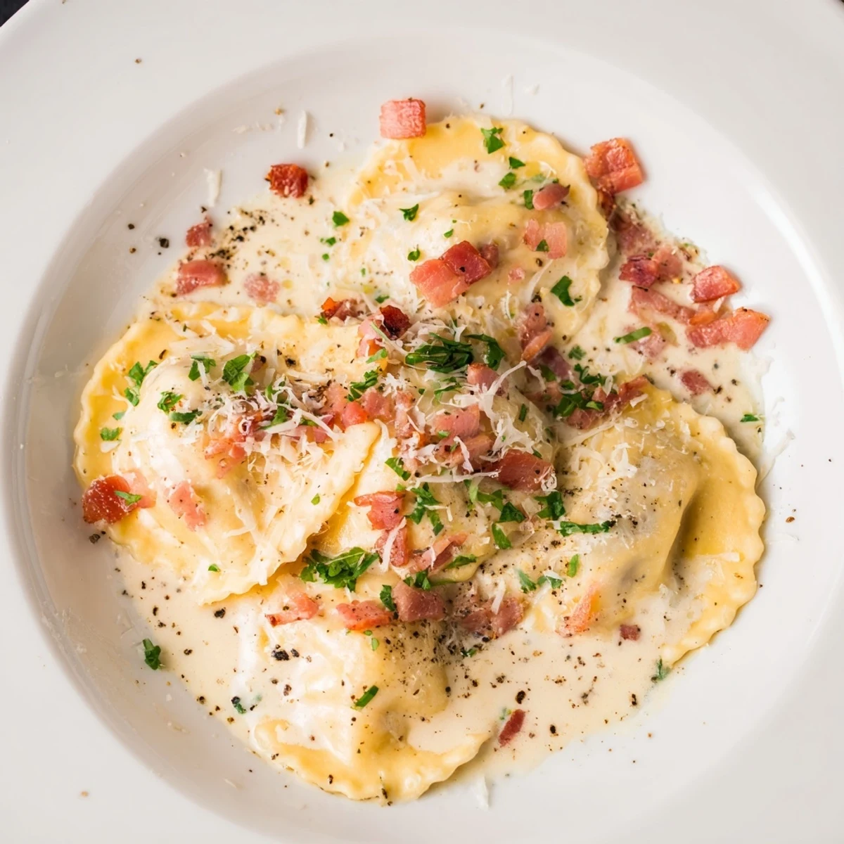 Savory Olive Garden Ravioli Carbonara, a comforting Italian dish with rich carbonara coating the ravioli.