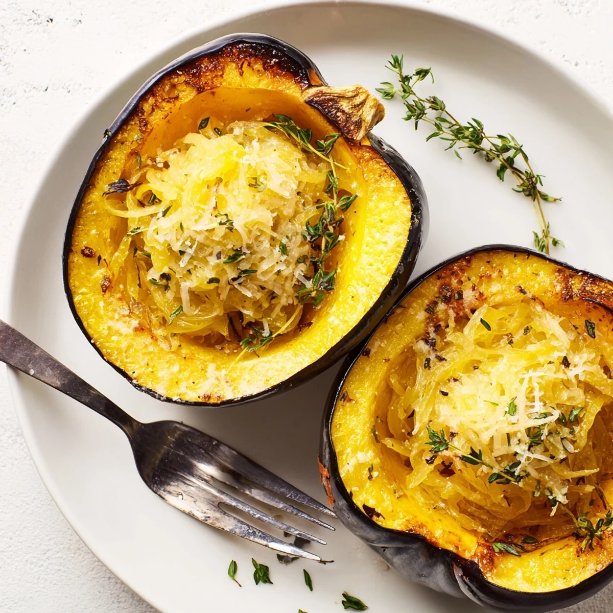 Golden, bubbly Caramelized Onion Gruyere Acorn Squash, a delicious vegetarian main course, ready to savor.