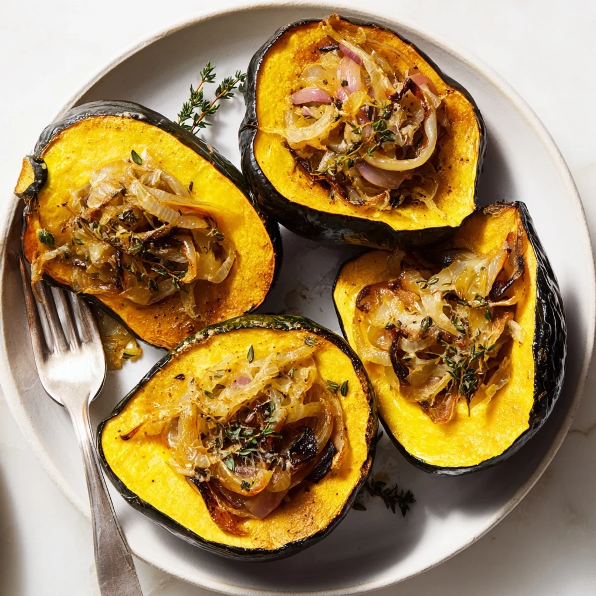 Gruyere cheese melts perfectly atop the Caramelized Onion Gruyere Acorn Squash, a cozy dish for crisp fall days.