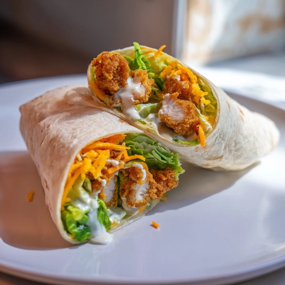 Golden, crispy chicken ranch snack wrap, brimming with cheddar, lettuce, and creamy ranch, ready to eat.