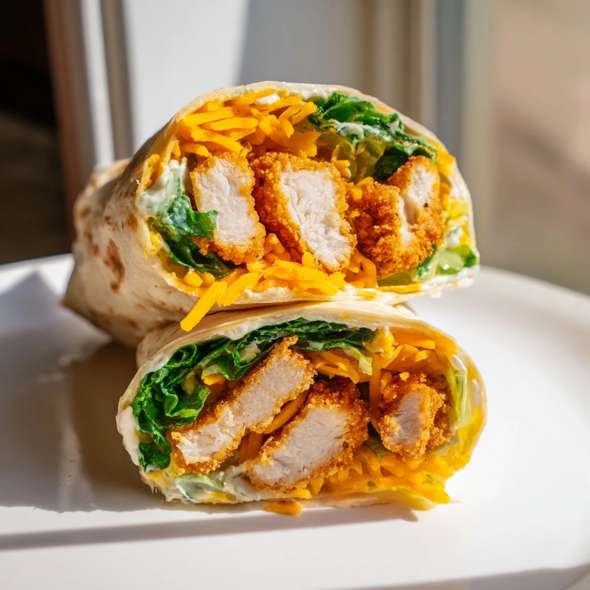 Close-up of a delicious crispy chicken ranch snack wrap, showing fresh fillings and perfect tortilla folds.