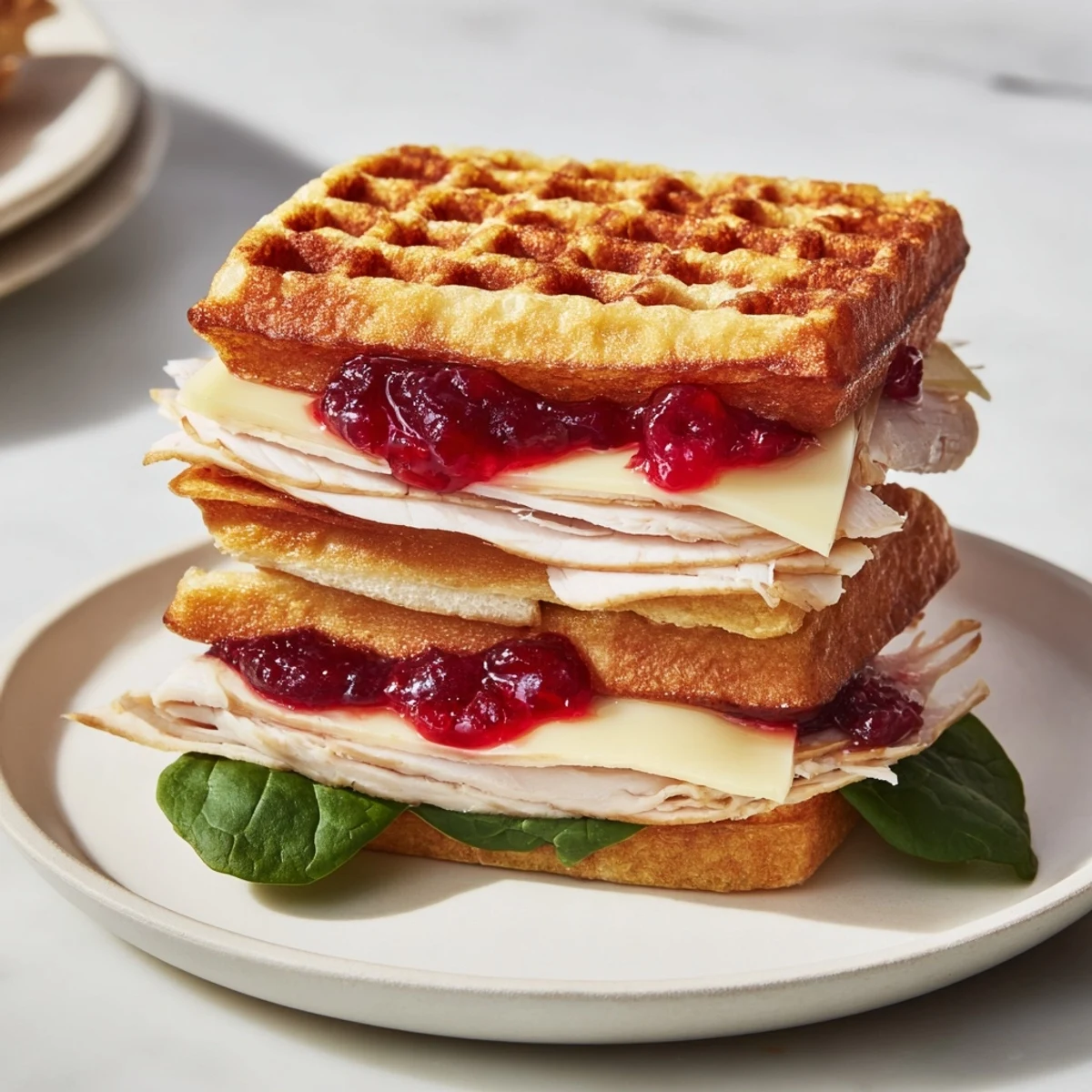 Golden Easy Holiday Waffle Sandwich, a holiday brunch delight, layered with turkey, cheese, and cranberry sauce.