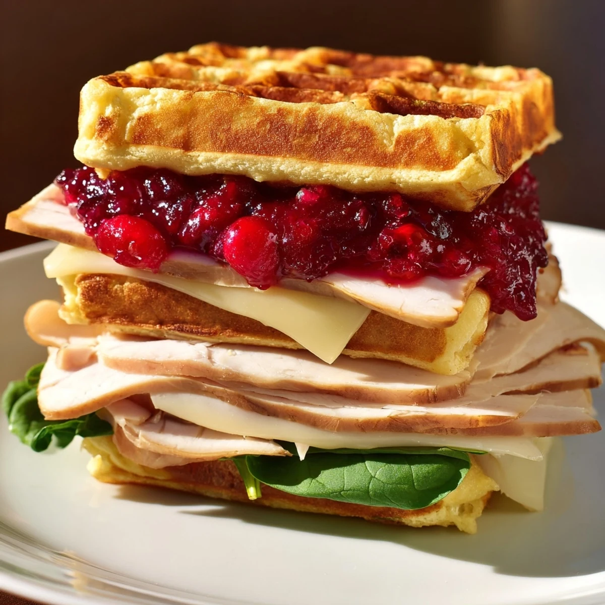 Warm, crispy Easy Holiday Waffle Sandwich, ready to eat, featuring melted cheese and savory turkey slices.