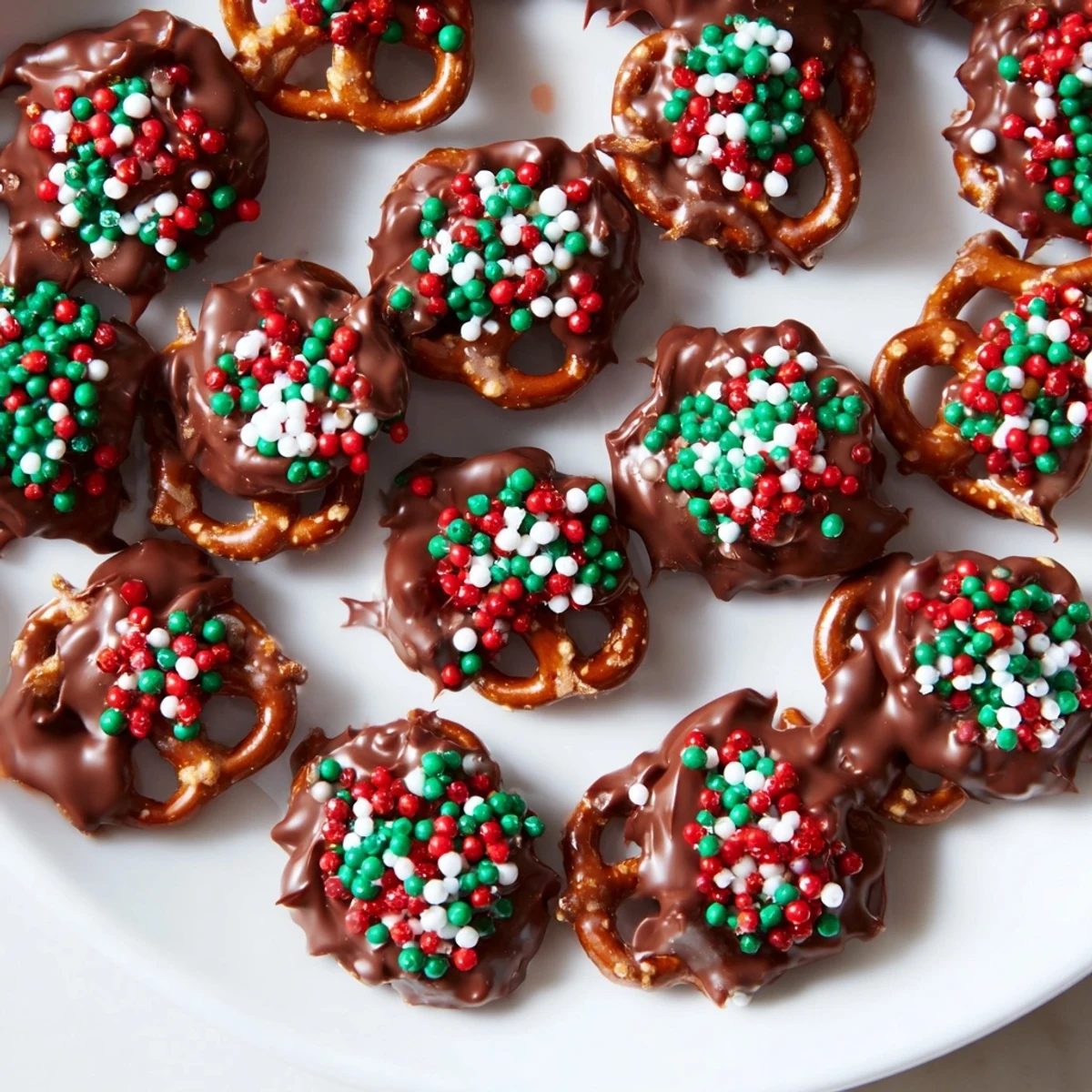 Melted chocolate covers crispy pretzels, finished with holiday sprinkles, making this an easy Air Fryer Christmas Pretzel Bites recipe.