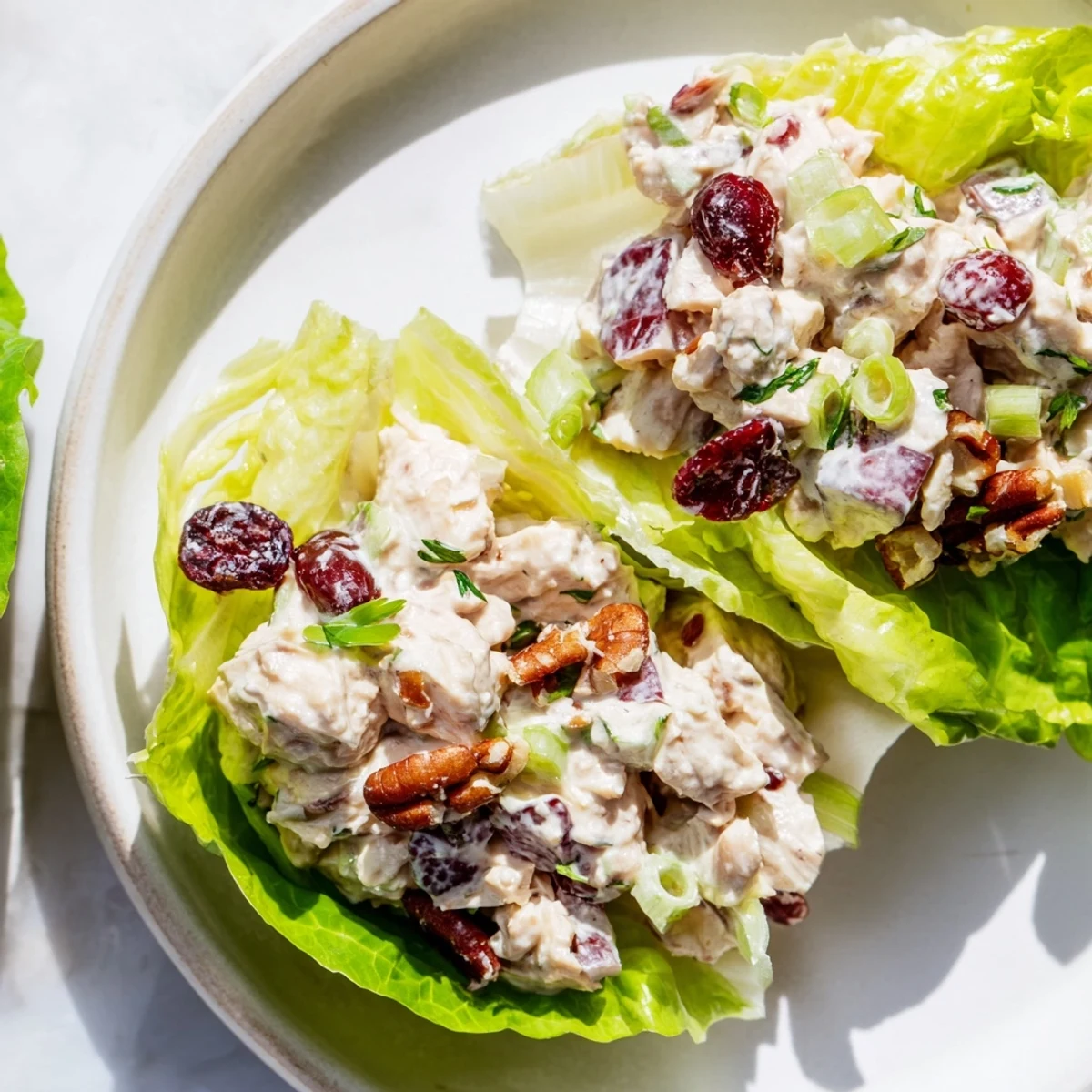 A close-up of delicious Festive Chicken Salad Cups, with the delightful crunch of nuts and burst of fruit.