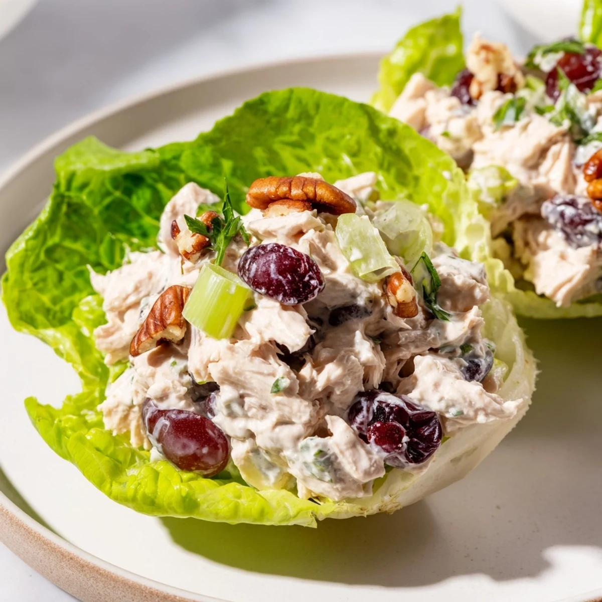 Creamy Festive Chicken Salad Cups, brimming with juicy chicken, ready to be scooped into cool lettuce wraps.
