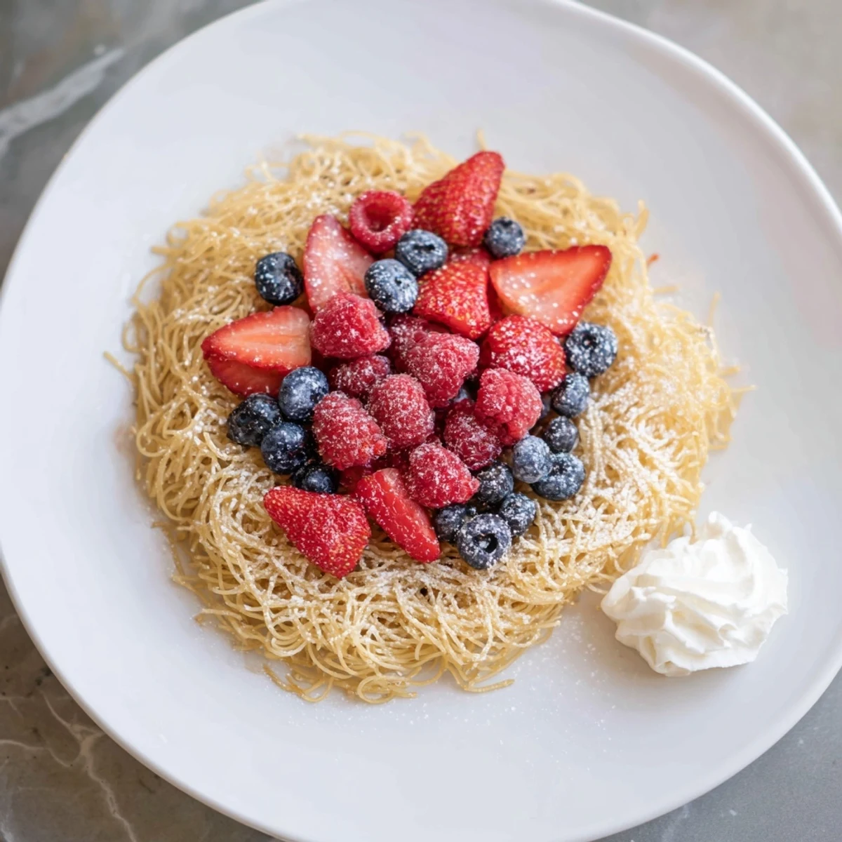 Light, airy Quick Festive Pancake Spaghetti piled high with fresh berries and powdered sugar.
