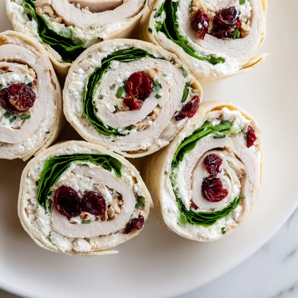 These flavorful Turkey Cranberry Pinwheels are beautifully arranged on a serving platter, showing a tempting spread.