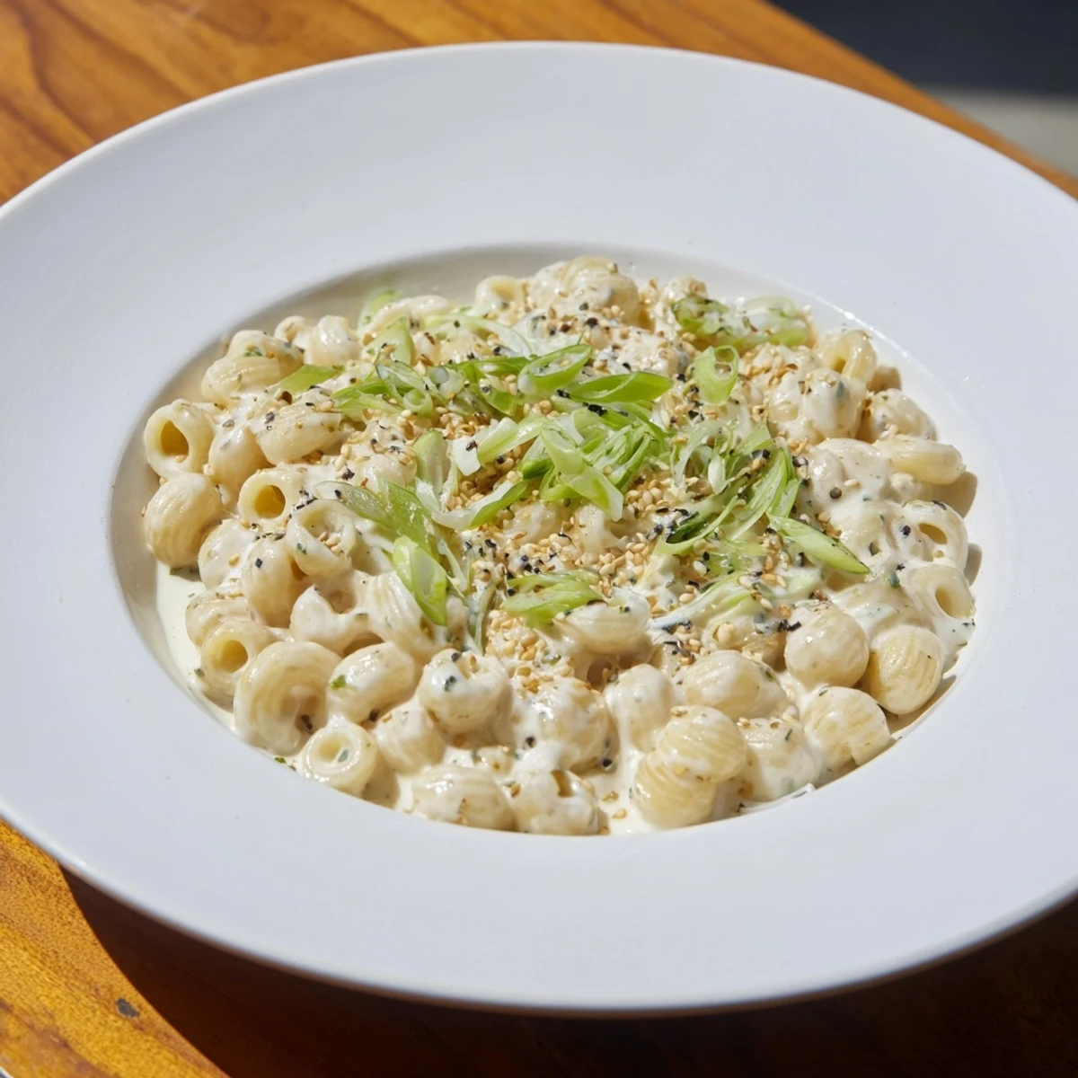 A delightful plate of Japanese Miso Ditalini, with toasted sesame seeds accenting the creamy pasta.