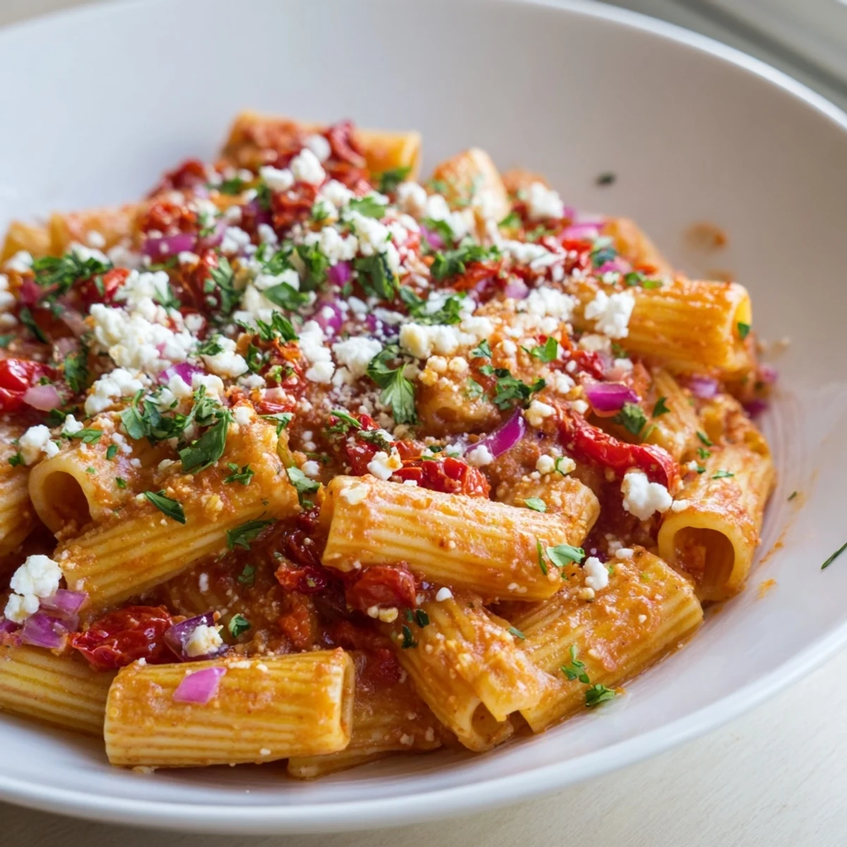 Golden, bubbly Mediterranean Baked Garlic & Herb Pasta, a flavorful vegetarian main course ready to enjoy.