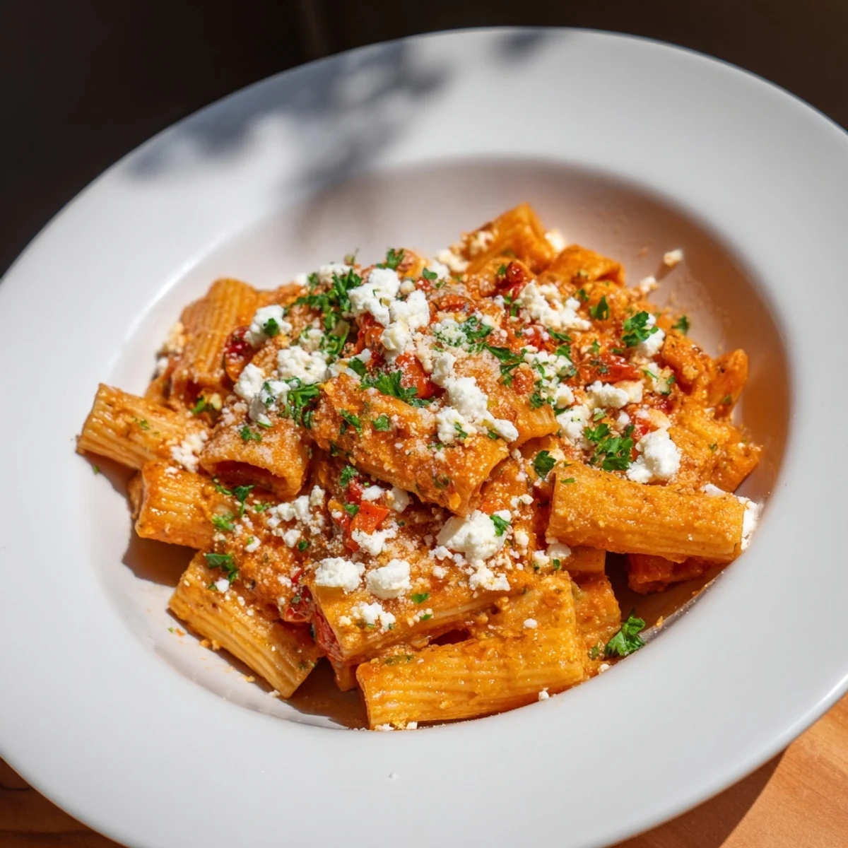 A close-up shot of steaming Mediterranean Baked Garlic & Herb Pasta, garnished with fresh herbs and crumbled feta.