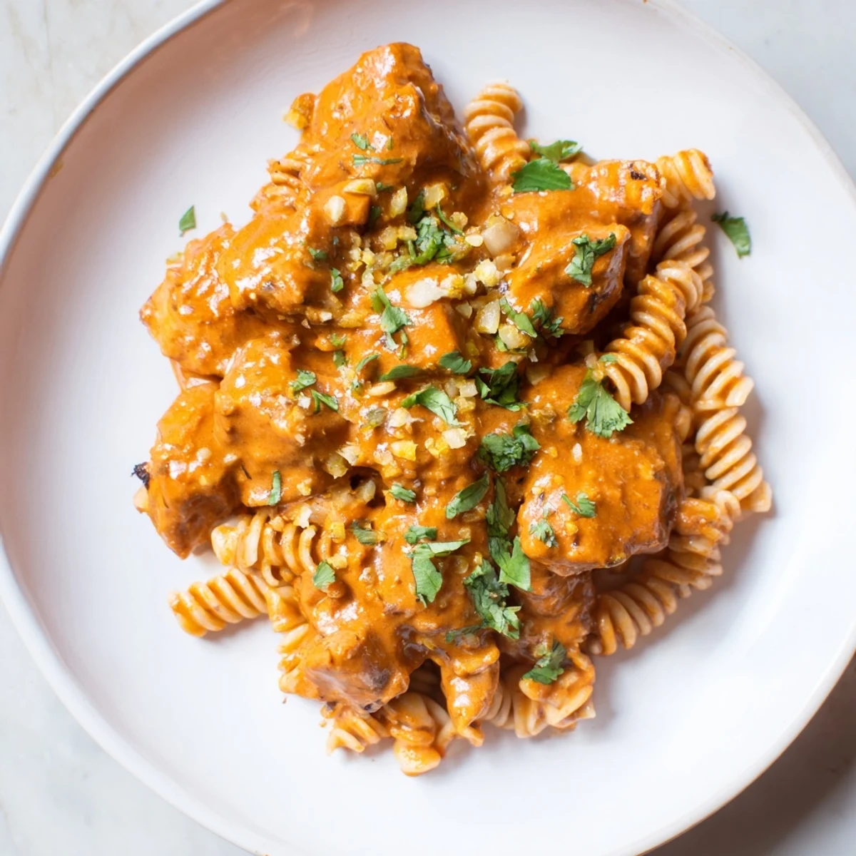 Tender penne pasta coated in vibrant, rich sauce of creamy chicken tikka masala for dinner.