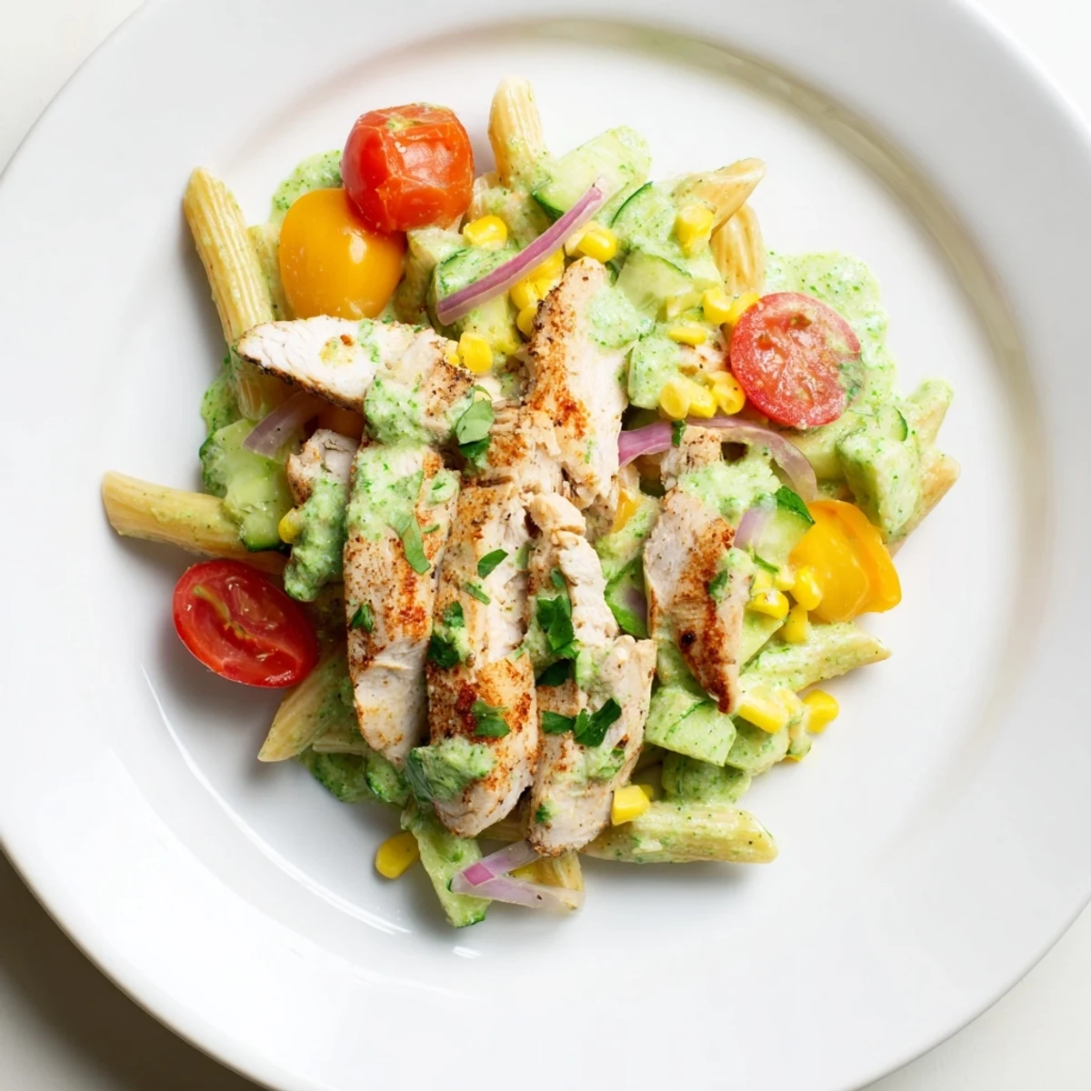 This refreshing Peruvian Aji Verde Chicken Pasta Salad features tender chicken and vibrant vegetables, ready to eat.
