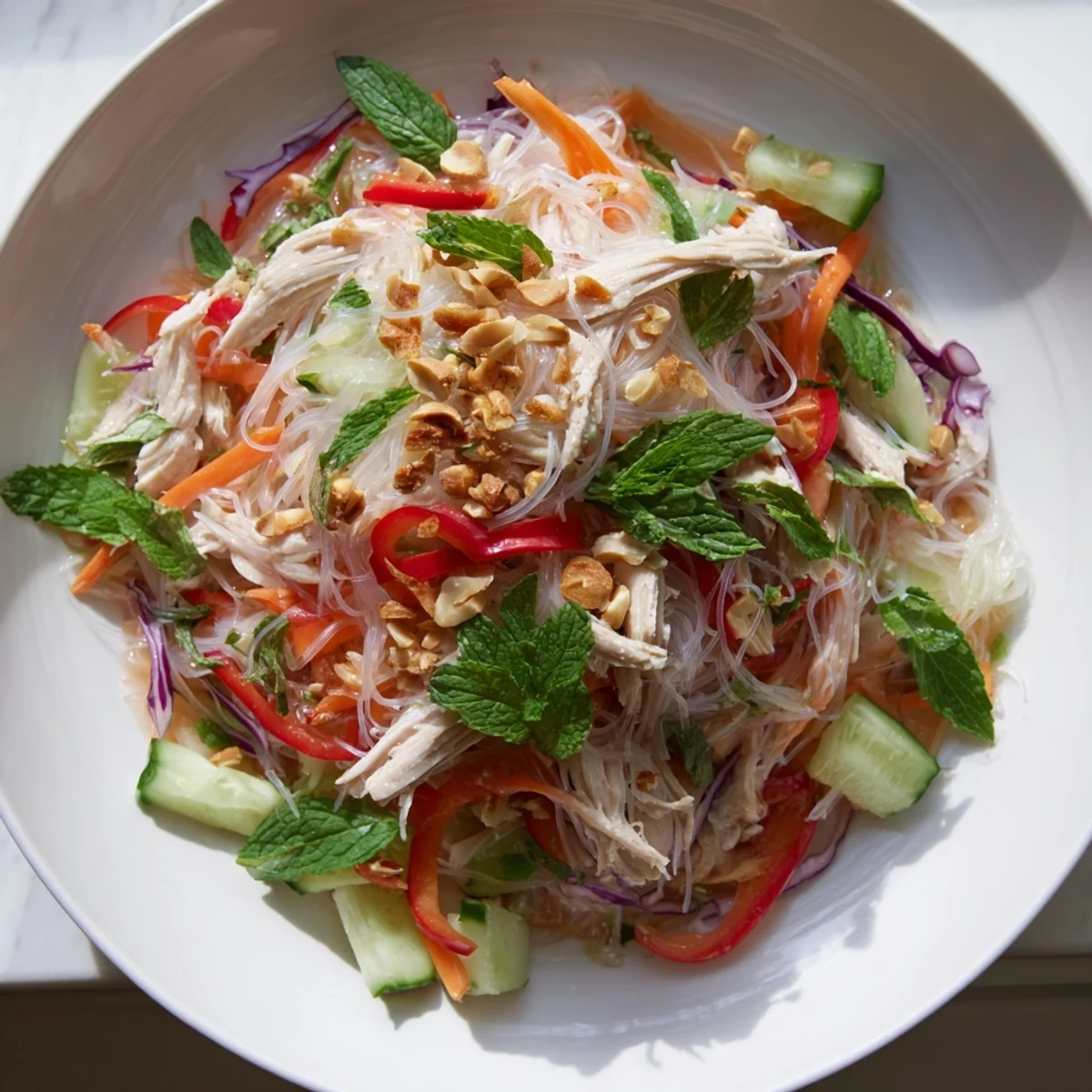 Freshly tossed Vietnamese Crunch Noodle Salad with chicken, topped with crunchy peanuts and herbs.