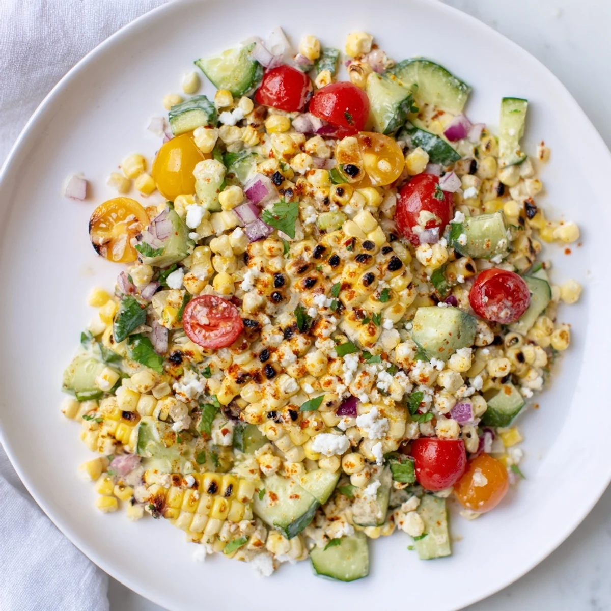 Flavor-packed Mexican Street Corn Chopped Salad: imagine smoky corn, spicy jalapeño, and a tangy lime dressing.